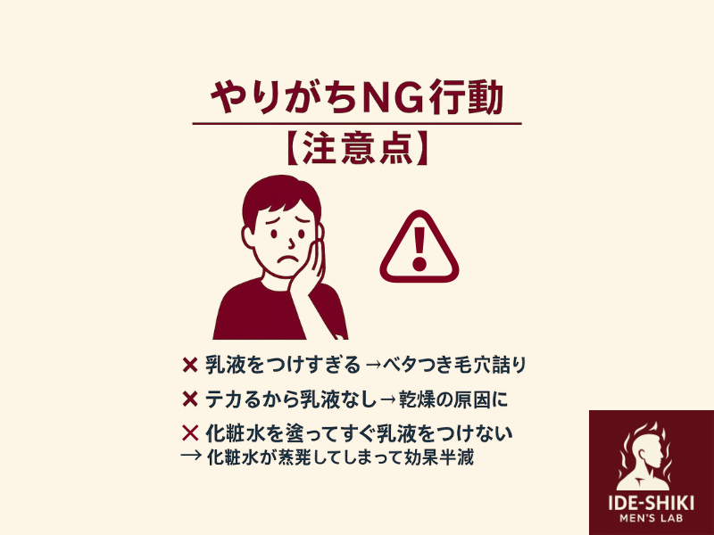 化粧水を使う際のよくあるNG行動がまとめてあるイラスト