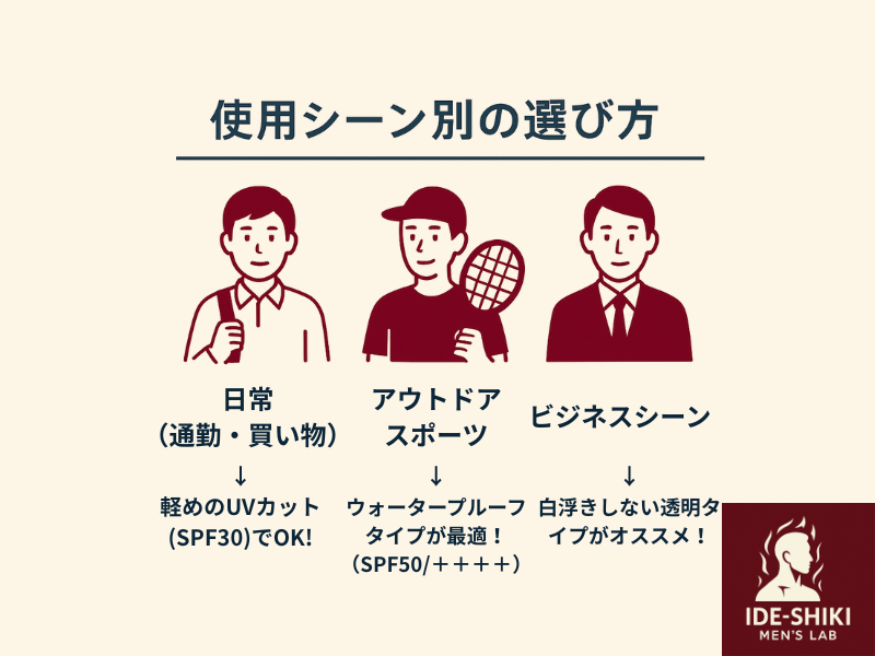 日焼け止めのシーン別の選び方のイラスト
