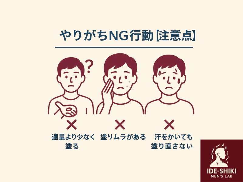 日焼け止めを使用する際のよくあるNG行動をまとめたイラスト