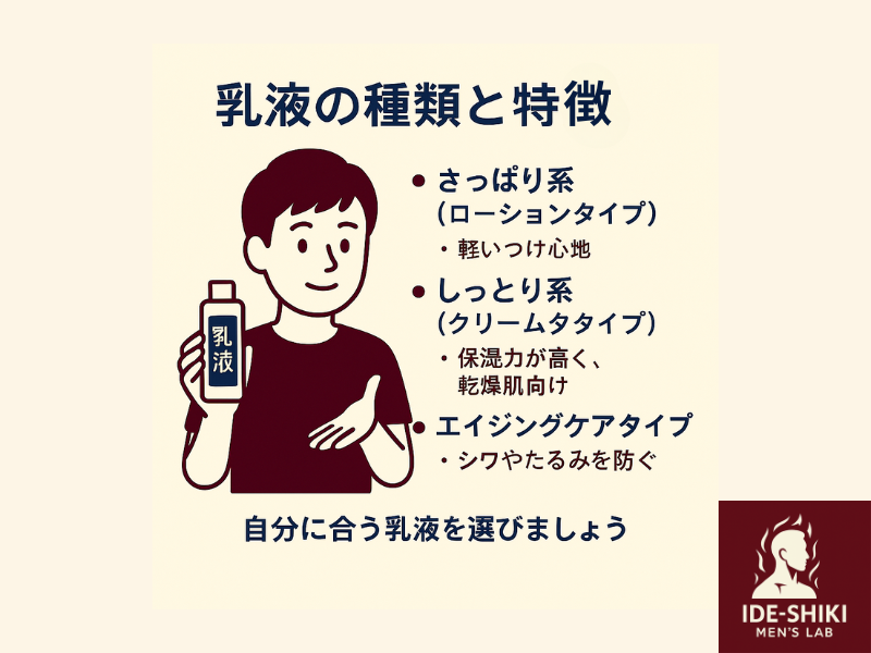 乳液の種類と特徴が説明してあるイラスト