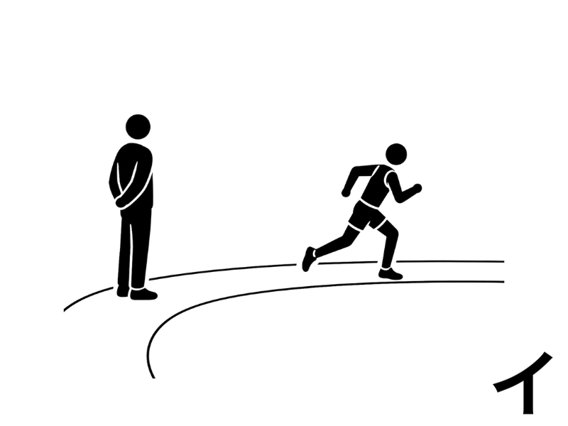 陸上トラックで、走り続ける選手を見守るコーチのピクトグラム