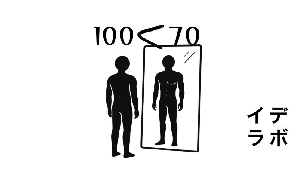 鏡の前でポーズをとり、自分の体を確かめている、ほどよく引き締まった男性の黒いピクトグラム。