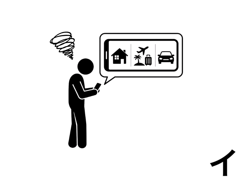 スマホを見る人物と、画面内に家・旅行・車のアイコンが描かれた、SNSによる比較を表す黒のピクトグラム。