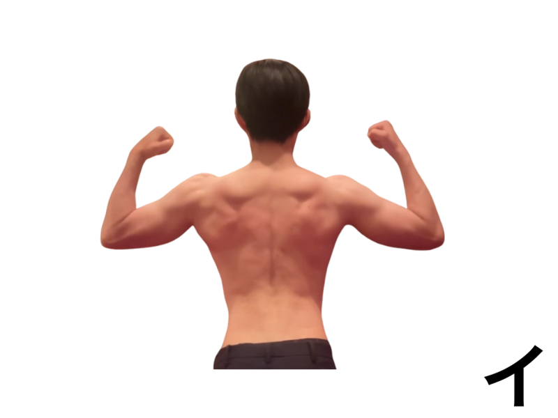背中と肩の筋肉を見せる後ろ姿の男性